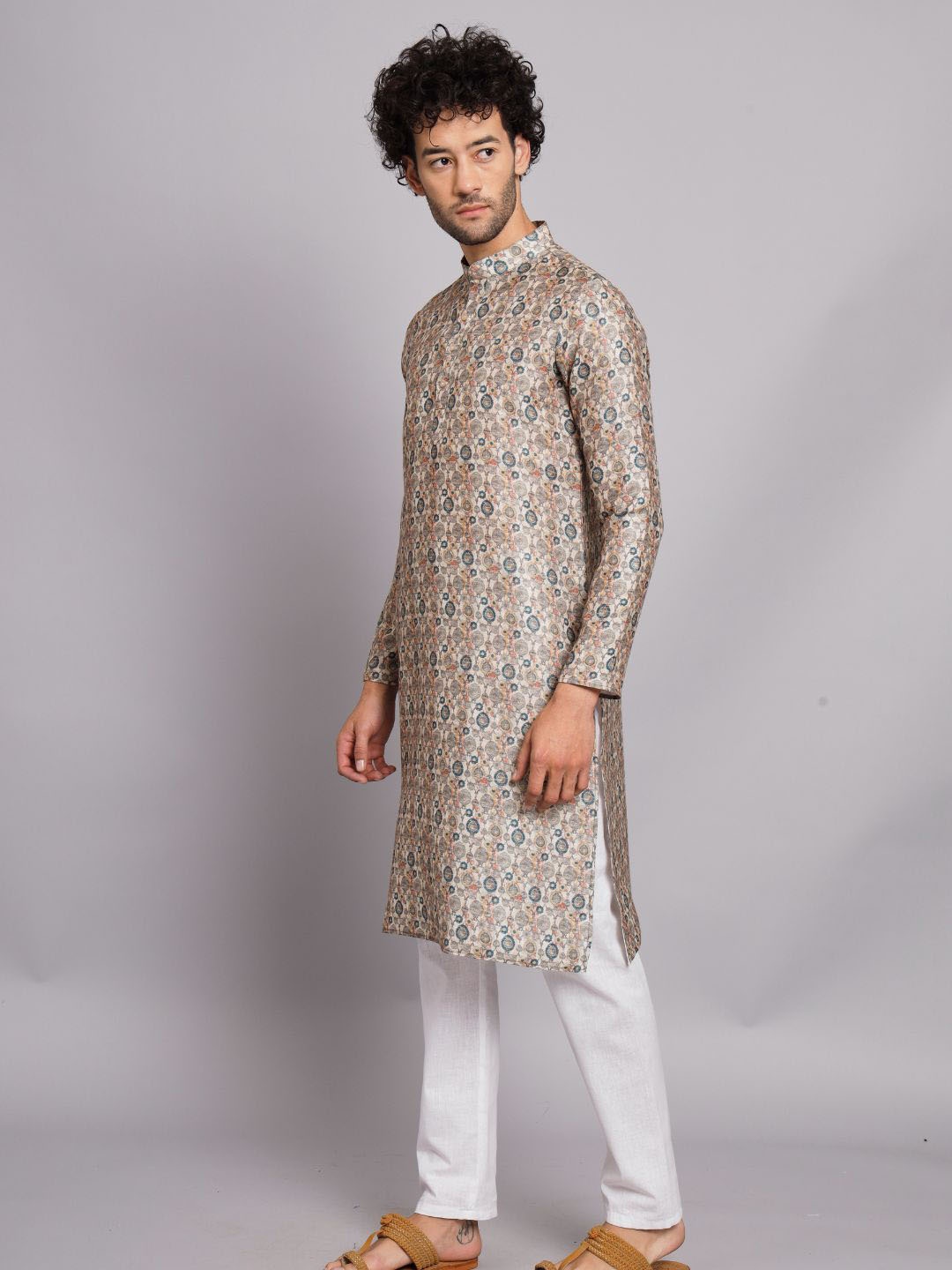 

FABDYOR Ethnic Motifs Printed Mandarin Collar Straight Linen Kurta, Yellow
