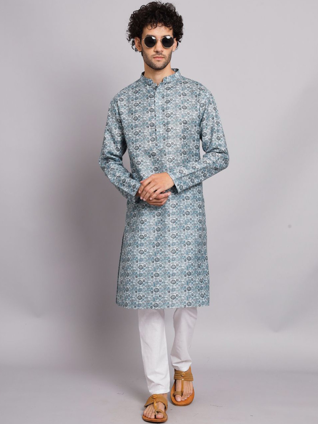 

FABDYOR Floral Printed Mandarin Collar Linen Kurta, Blue