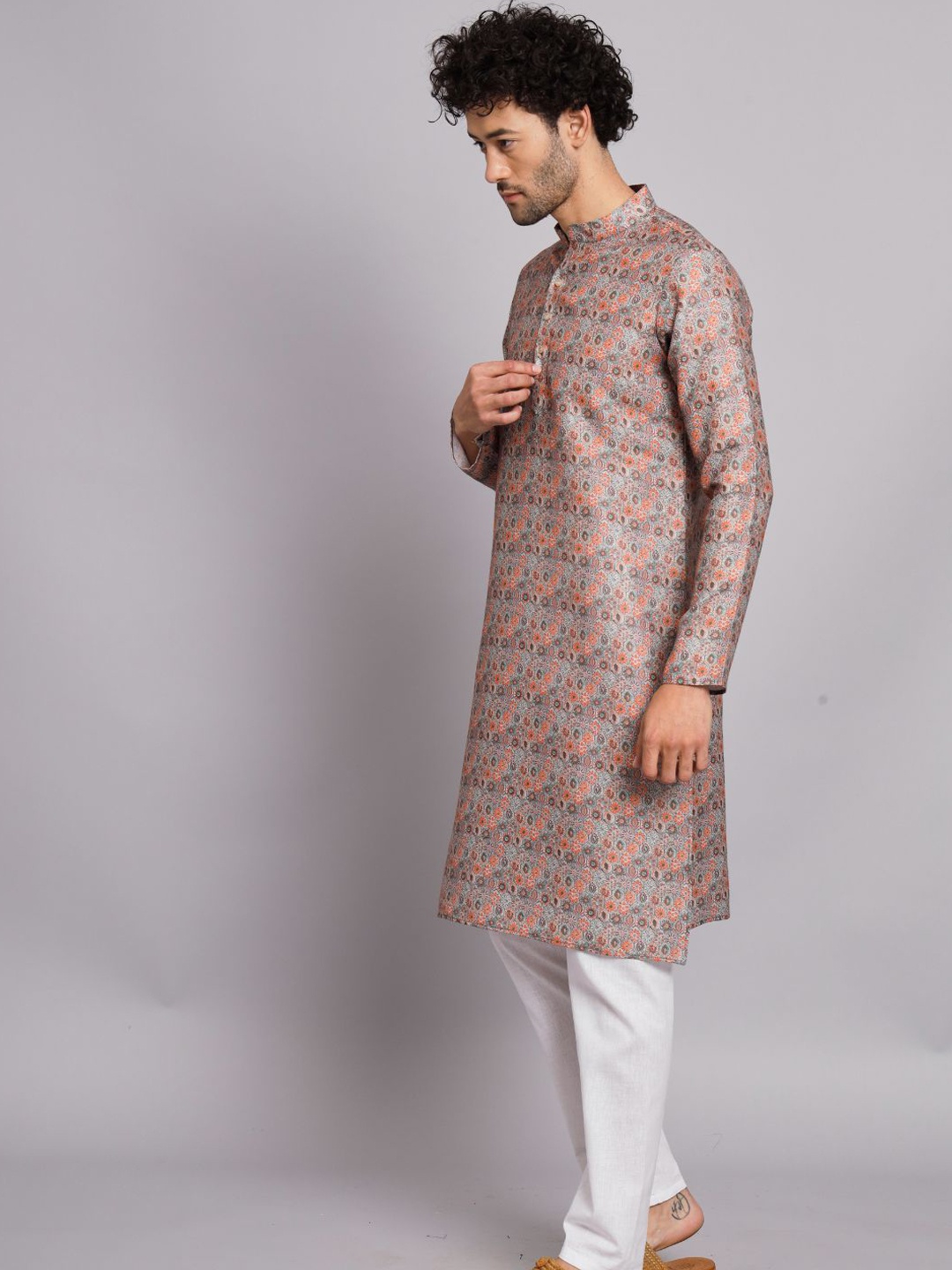 

FABDYOR Floral Woven Design Mandarin Collar Linen Kurta, Grey