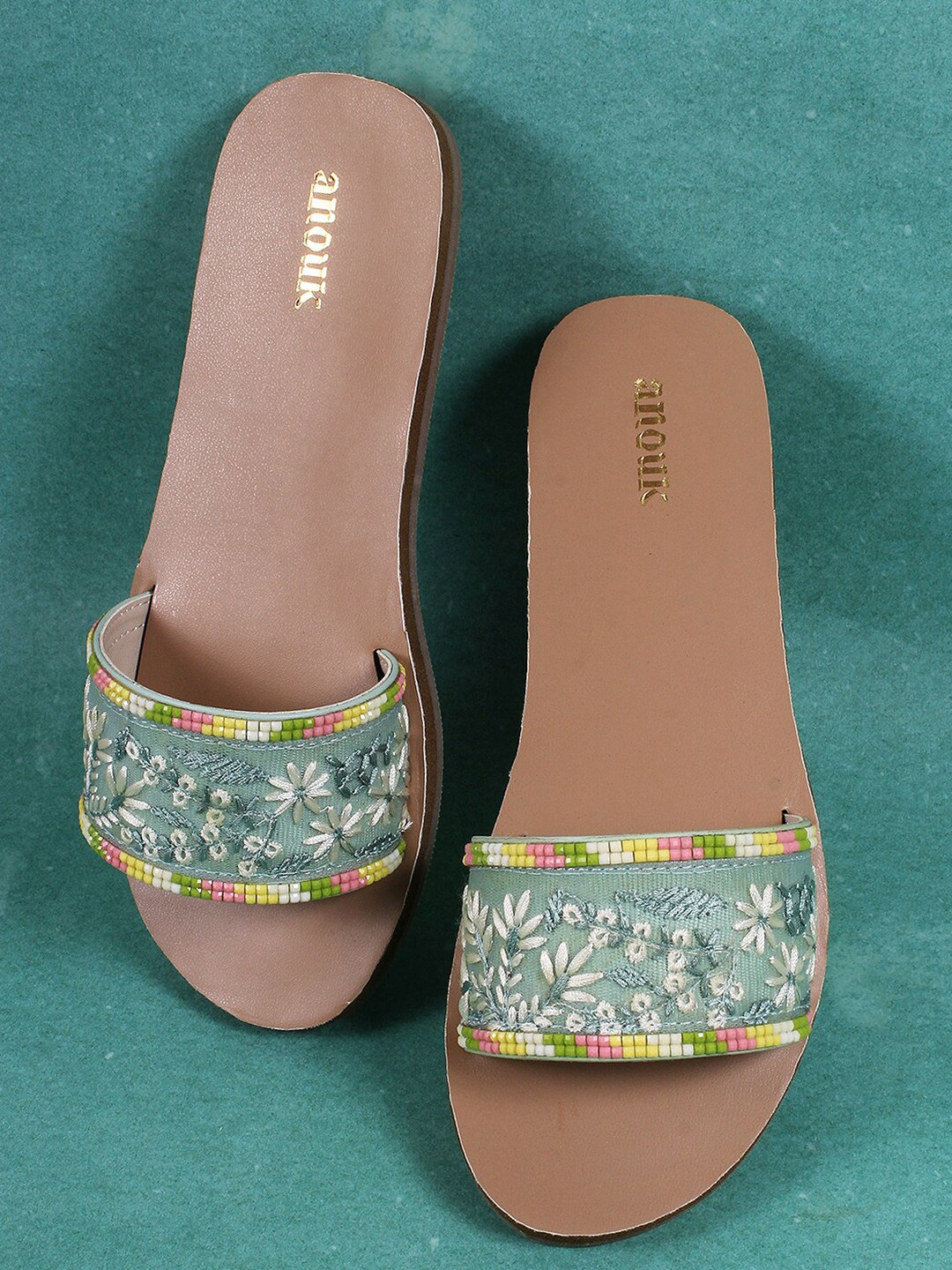 

Anouk Blue & White Embroidered Open Toe Flats