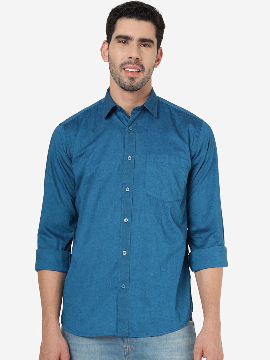 

Greenfibre Spread Collar Long Sleeves Cotton Casual Shirt, Blue