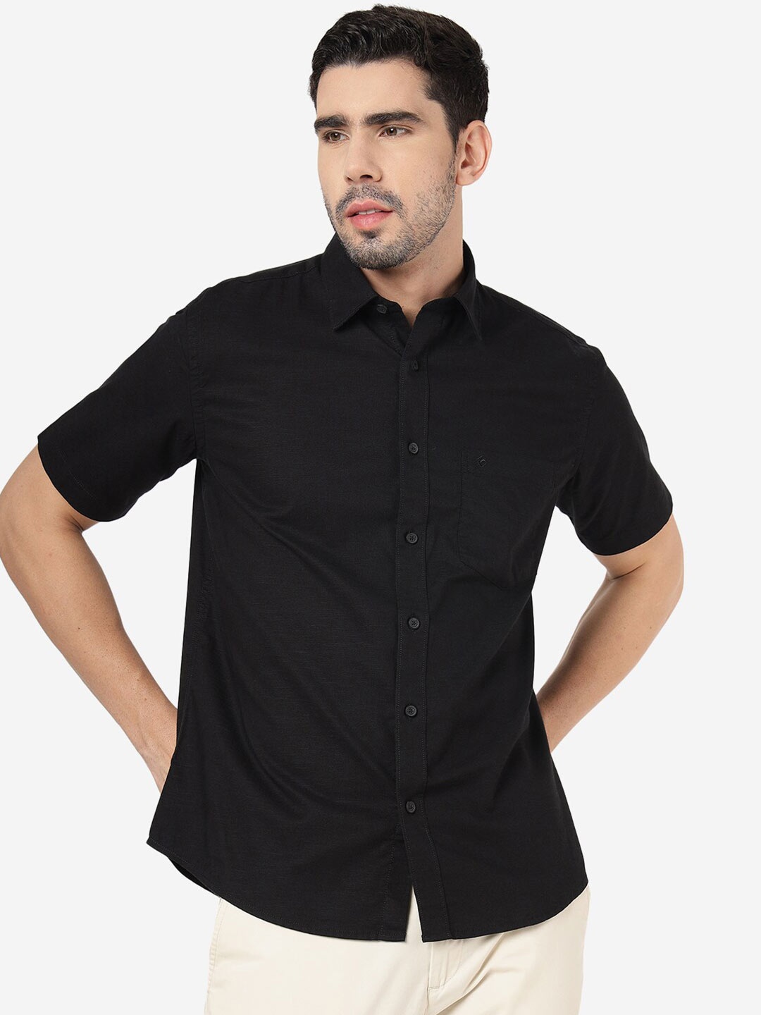 

Greenfibre Spread Collar Cotton Casual Shirt, Black