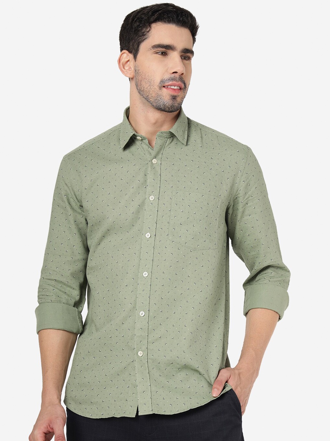 

JADE BLUE Slim Fit Micro Ditsy Printed Spread Collar Long Sleeves Cotton Casual Shirt, Green