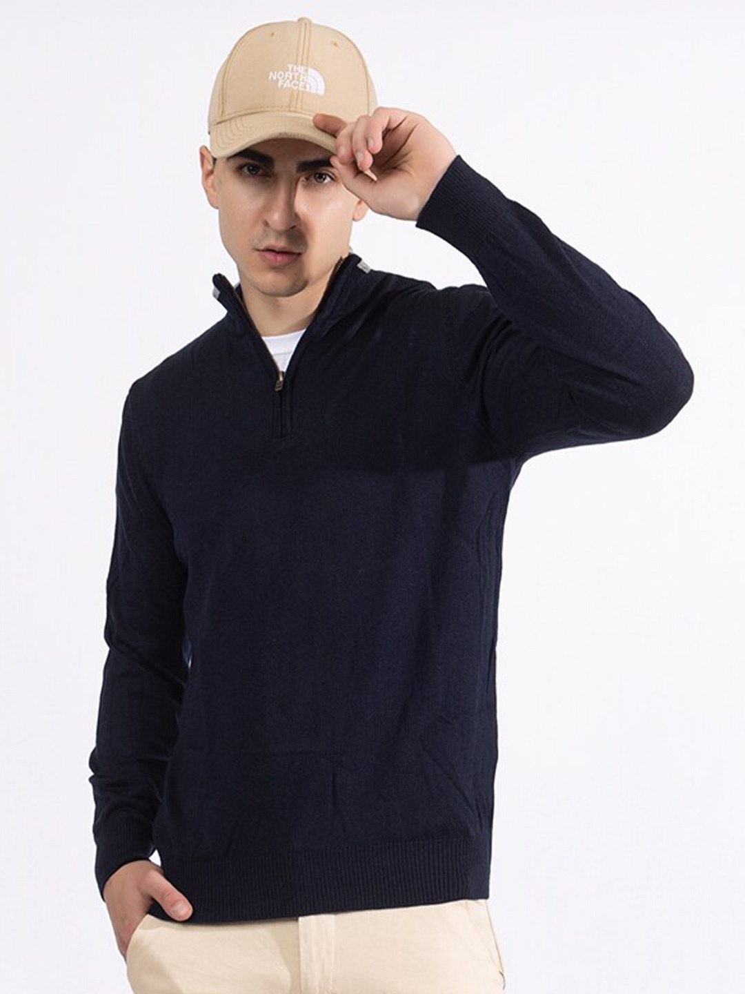 

ARMISTO Men Half Zipper Woollen Pullover, Navy blue
