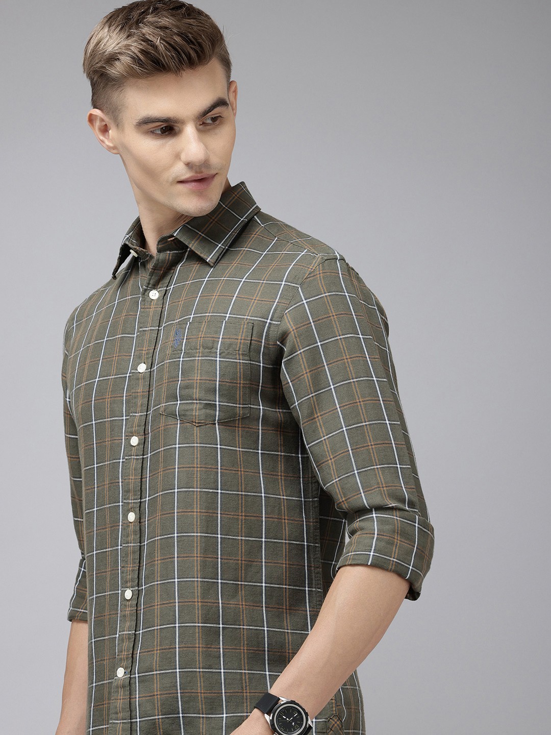 

U.S. Polo Assn. Linen Cotton Tailored Fit Checked Casual Shirt, Olive