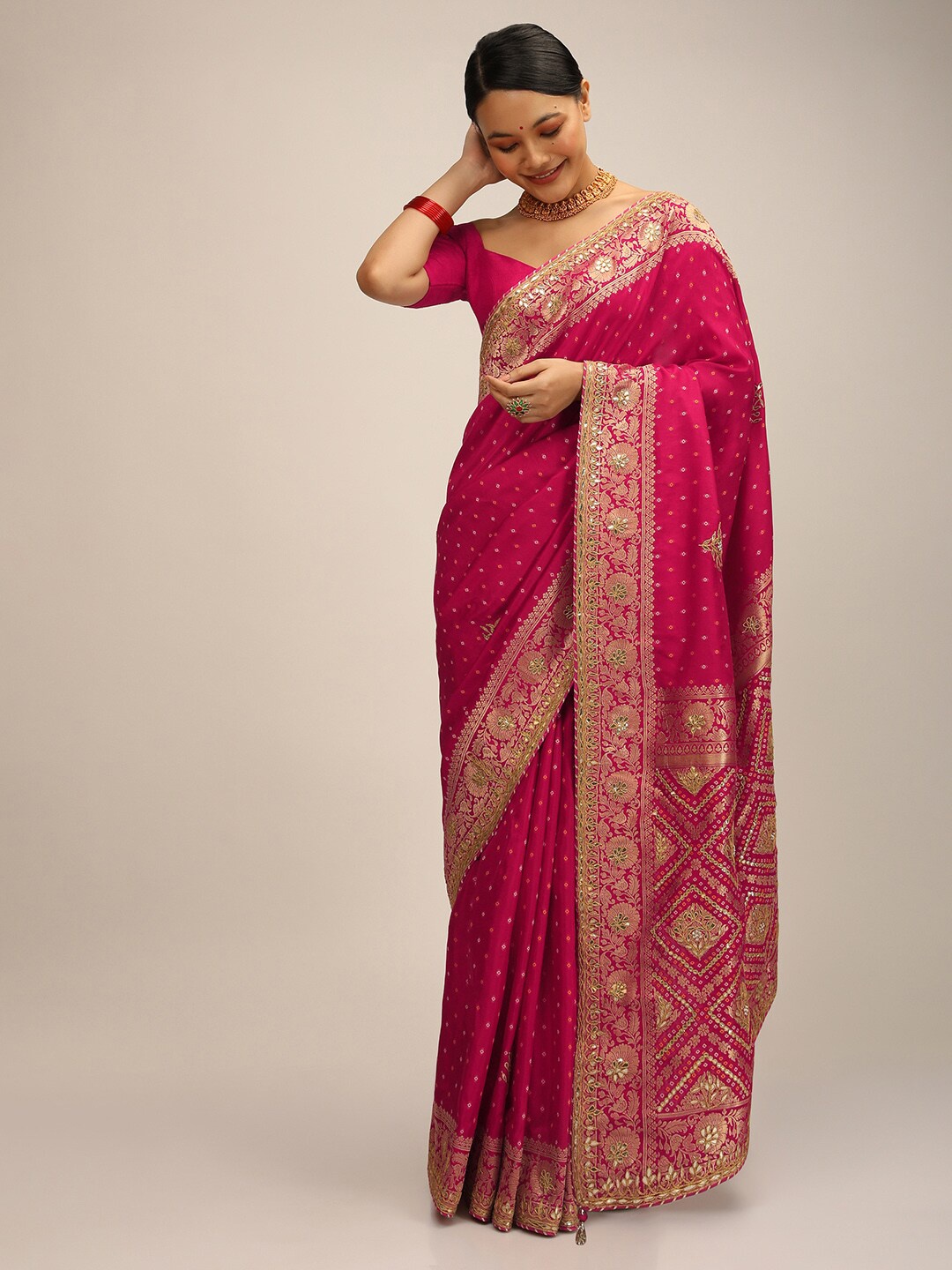 

KALKI Fashion Bandhani Printed Beads & Stones Saree, Pink