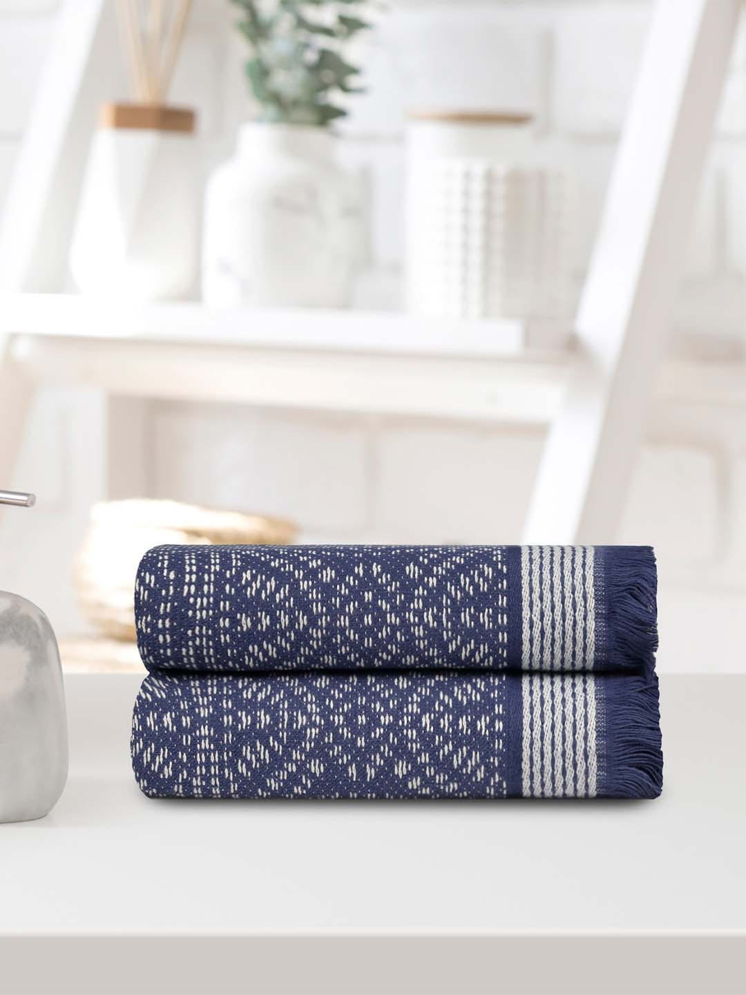 

MYTRIDENT Blue Indigo & White 2 Pieces Printed Cotton Hand Towels