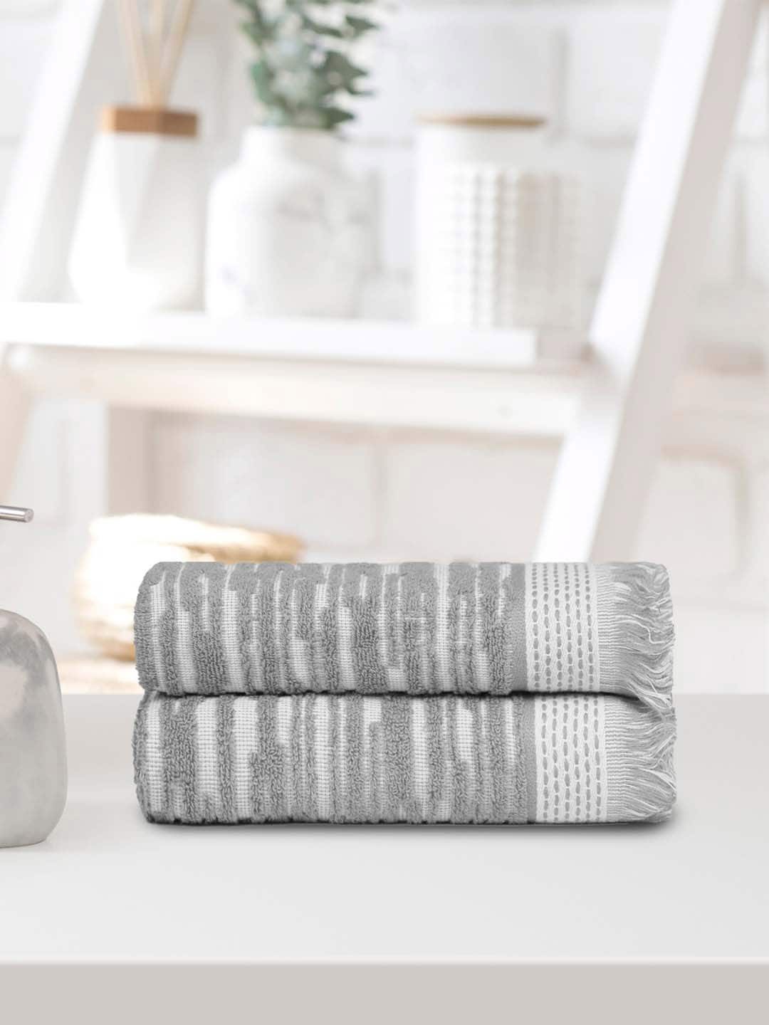 

MYTRIDENT Grey & White 2 Pieces Printed Cotton Hand Towels