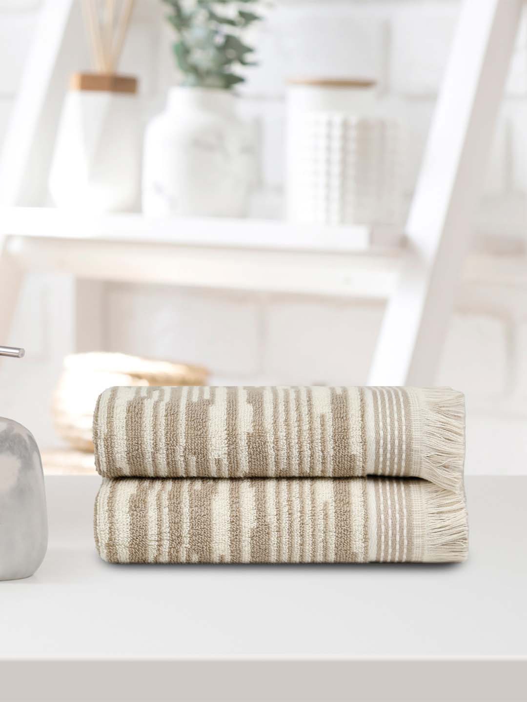 

MYTRIDENT Beige & White 2 Pieces Printed Cotton Hand Towels