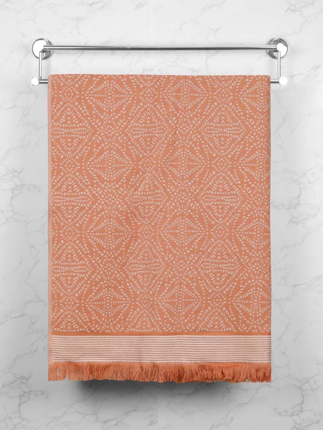 

MYTRIDENT Orange-Coloured & White Ethnic Motifs Printed Cotton 500 GSM Bath Towel