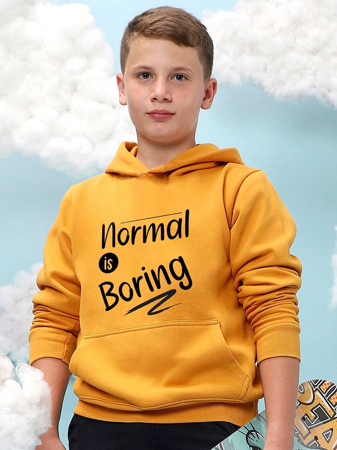 

Instafab Boys Typography Printed Hooded Cotton Pullover Sweatshirt, Mustard