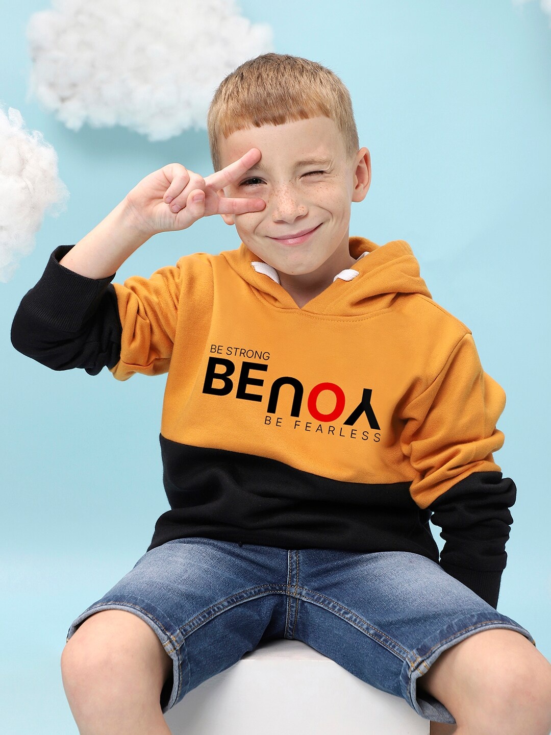 

Instafab Boys Colourblocked Hooded Cotton Pullover Sweatshirt, Mustard