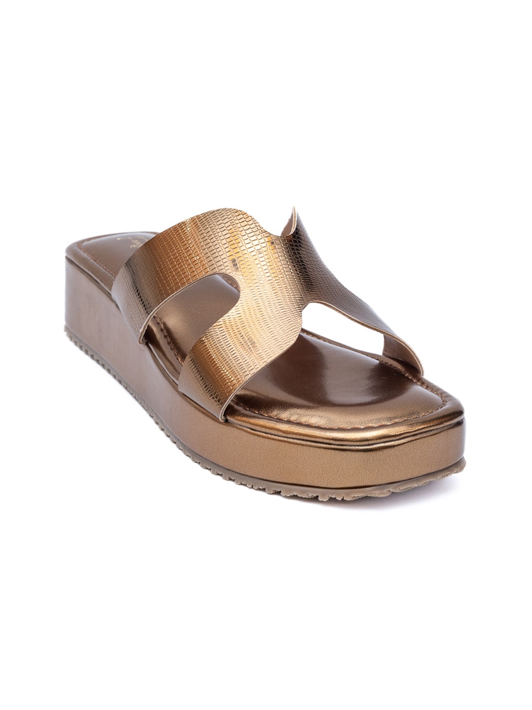 

Dapper Feet-Fancy Nancy Textured Open Toe Flatform Heel Mules, Copper