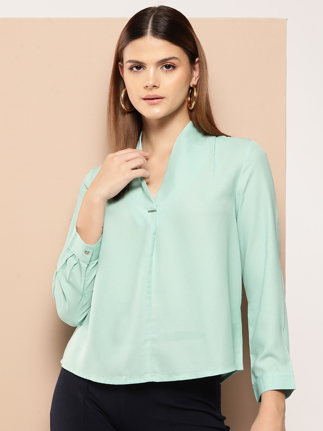 

her by invictus V-Neck Cuffed Sleeves Top, Sea green