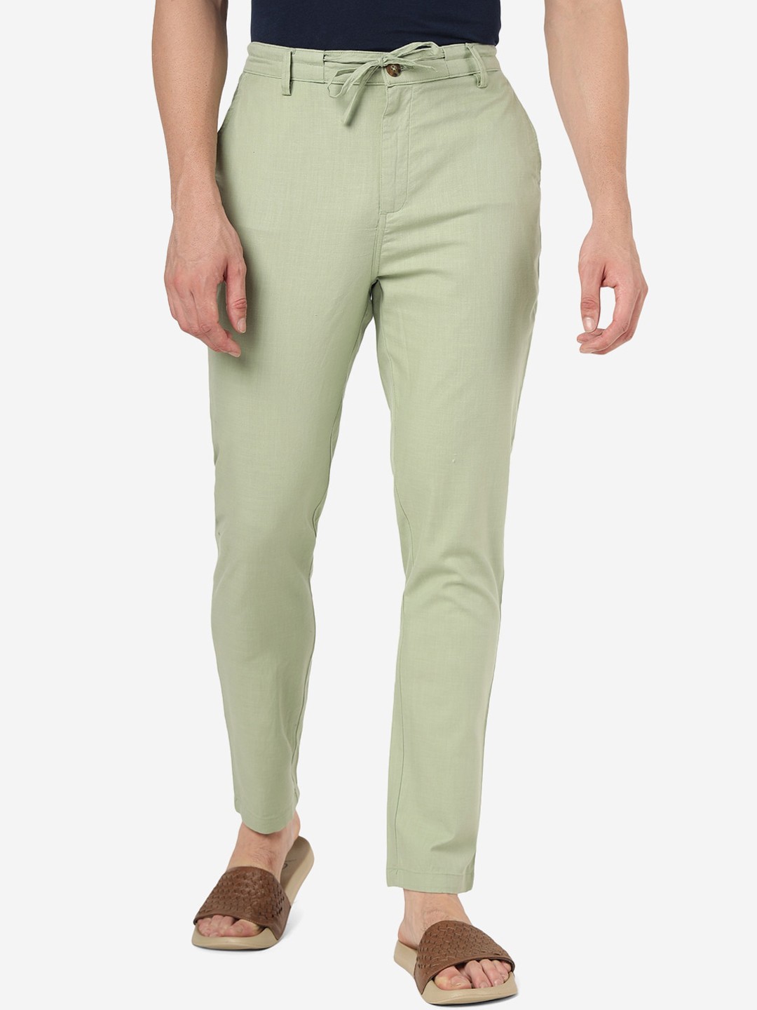 

JADE BLUE Men Slim-Fit Pure Cotton Trousers, Green