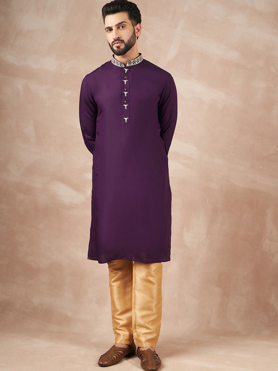

House of Pataudi Mandarin Collar Long Sleeves Straight Kurta, Purple