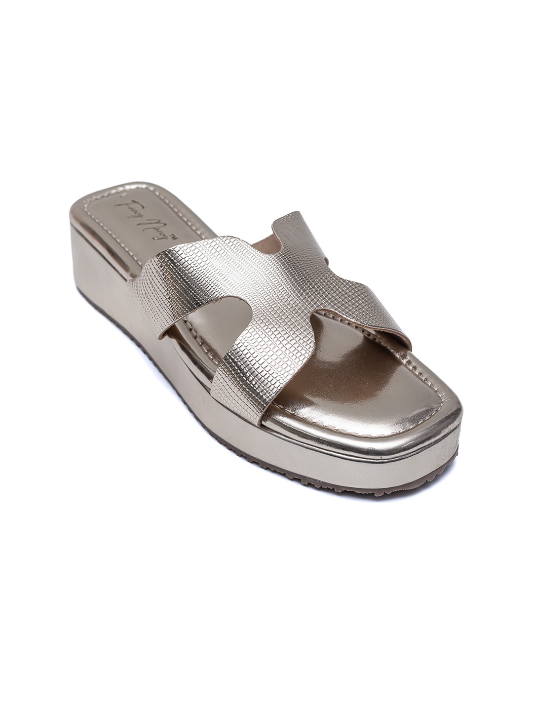 

Dapper Feet-Fancy Nancy H- Strap Textured Flatform Heels, Gold