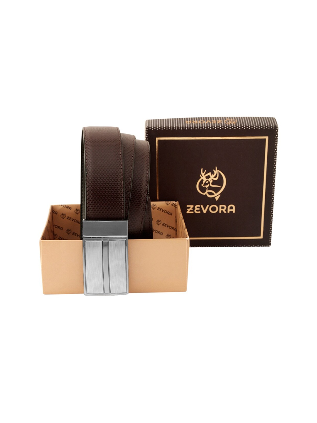 

ZEVORA Men Textured Leather Reversible Belt, Brown