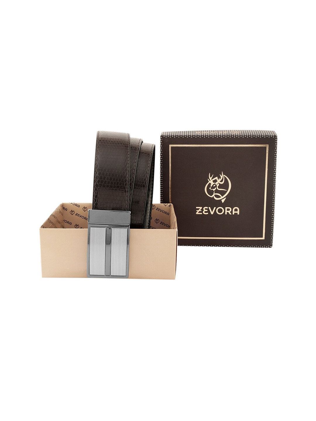 

ZEVORA Men Textured Leather Reversible Belt, Brown