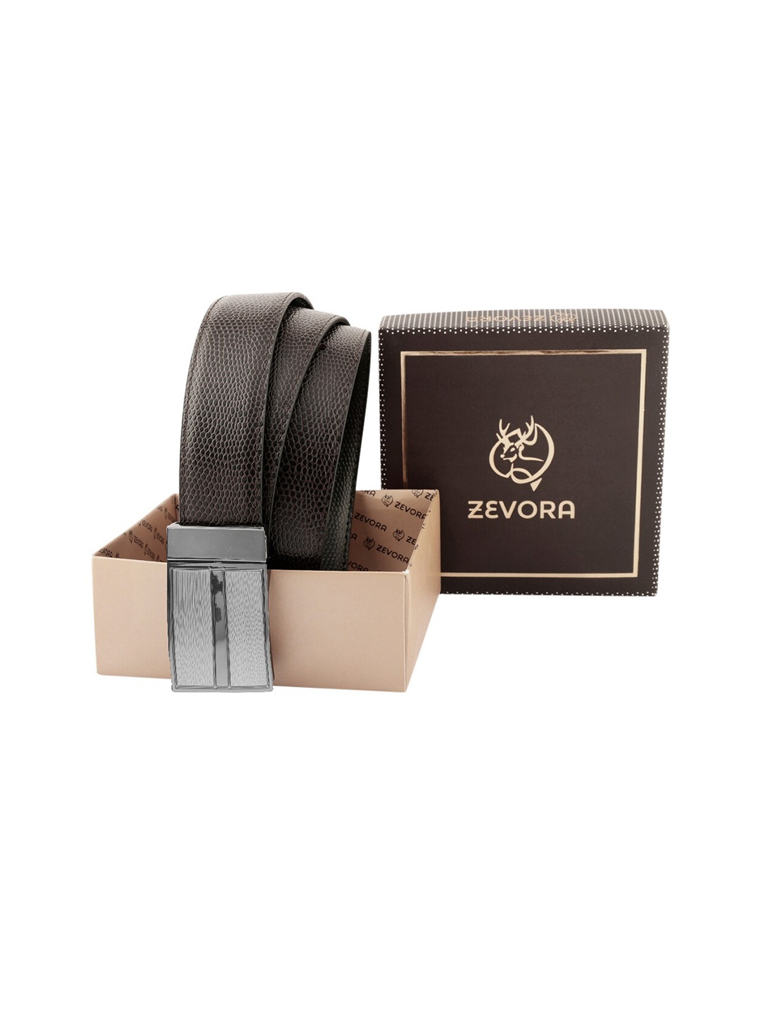 

ZEVORA Men Textured Leather Reversible Belt, Brown