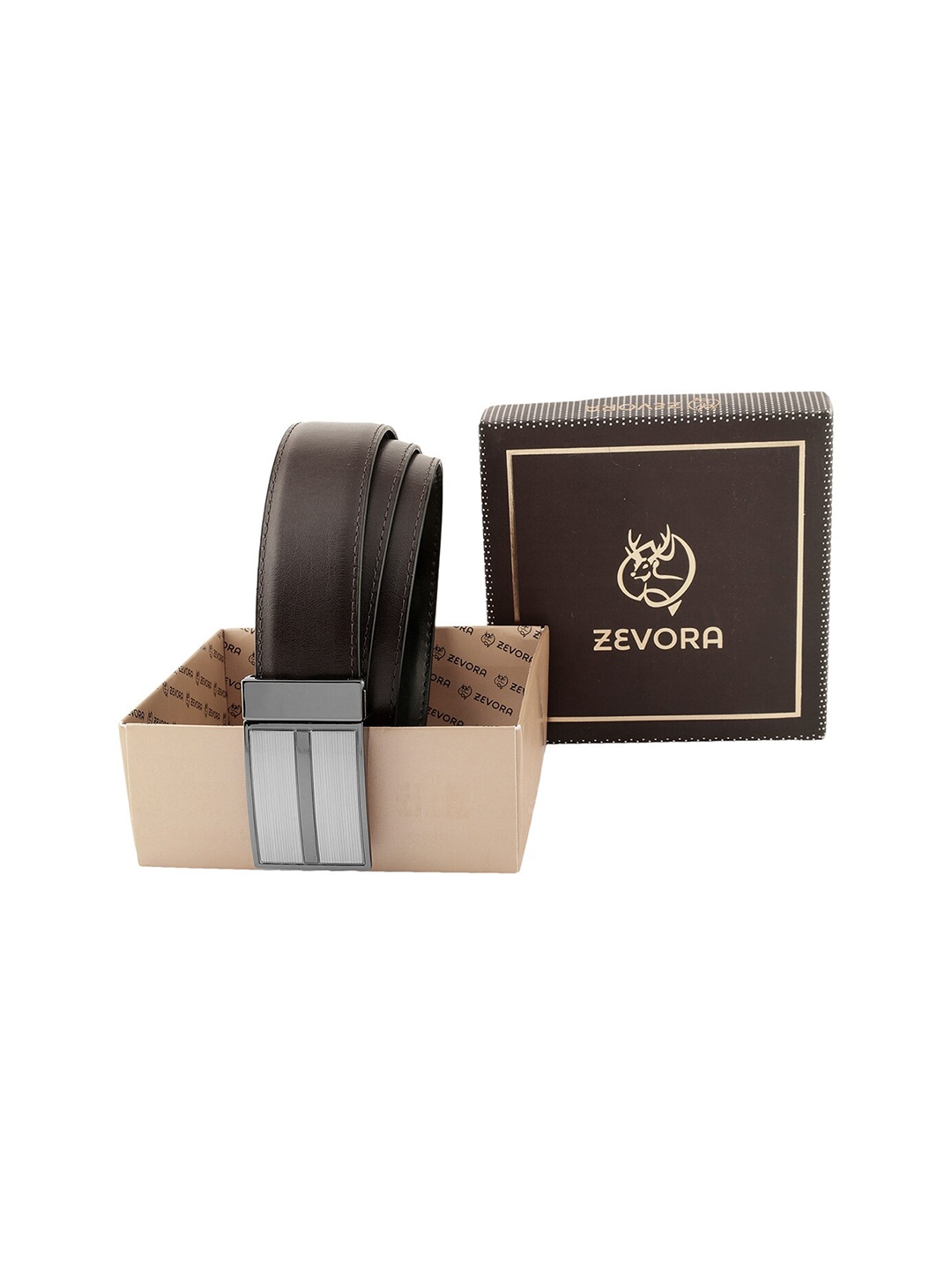 

ZEVORA Men Textured Leather Reversible Belt, Brown