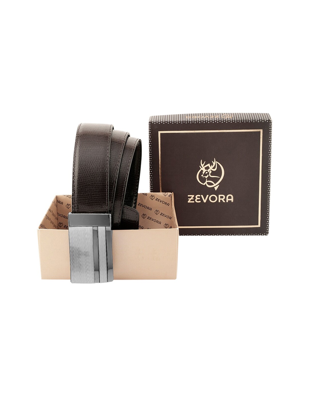 

ZEVORA Men Textured Leather Reversible Belt, Brown