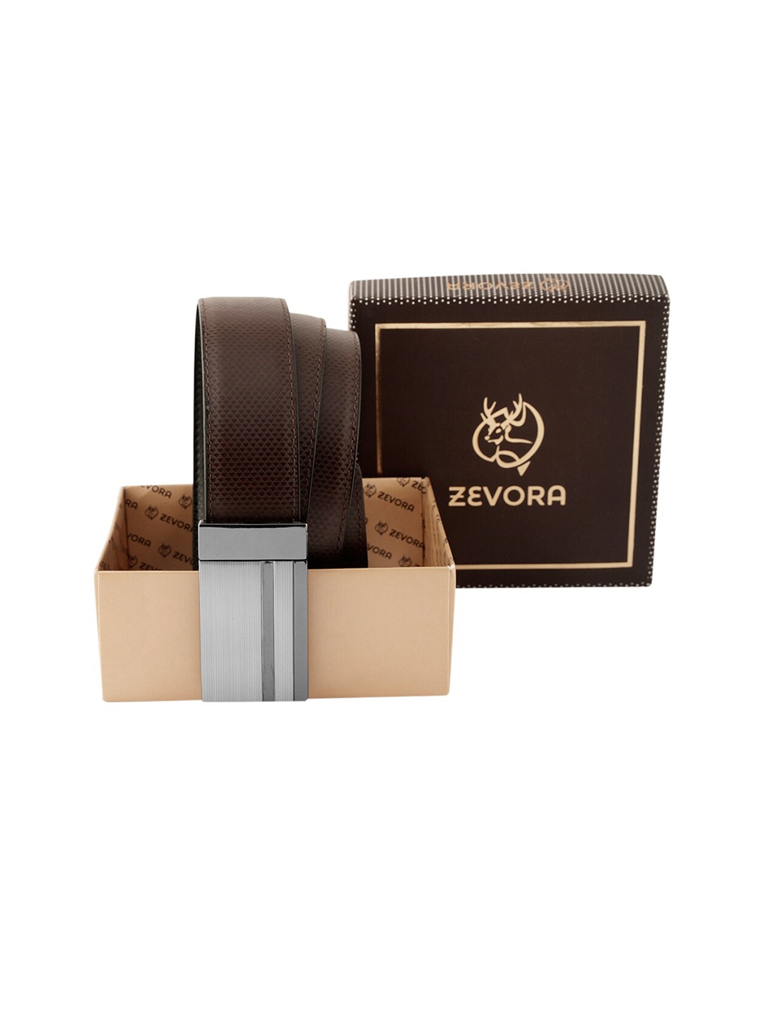 

ZEVORA Men Textured Leather Reversible Belt, Brown