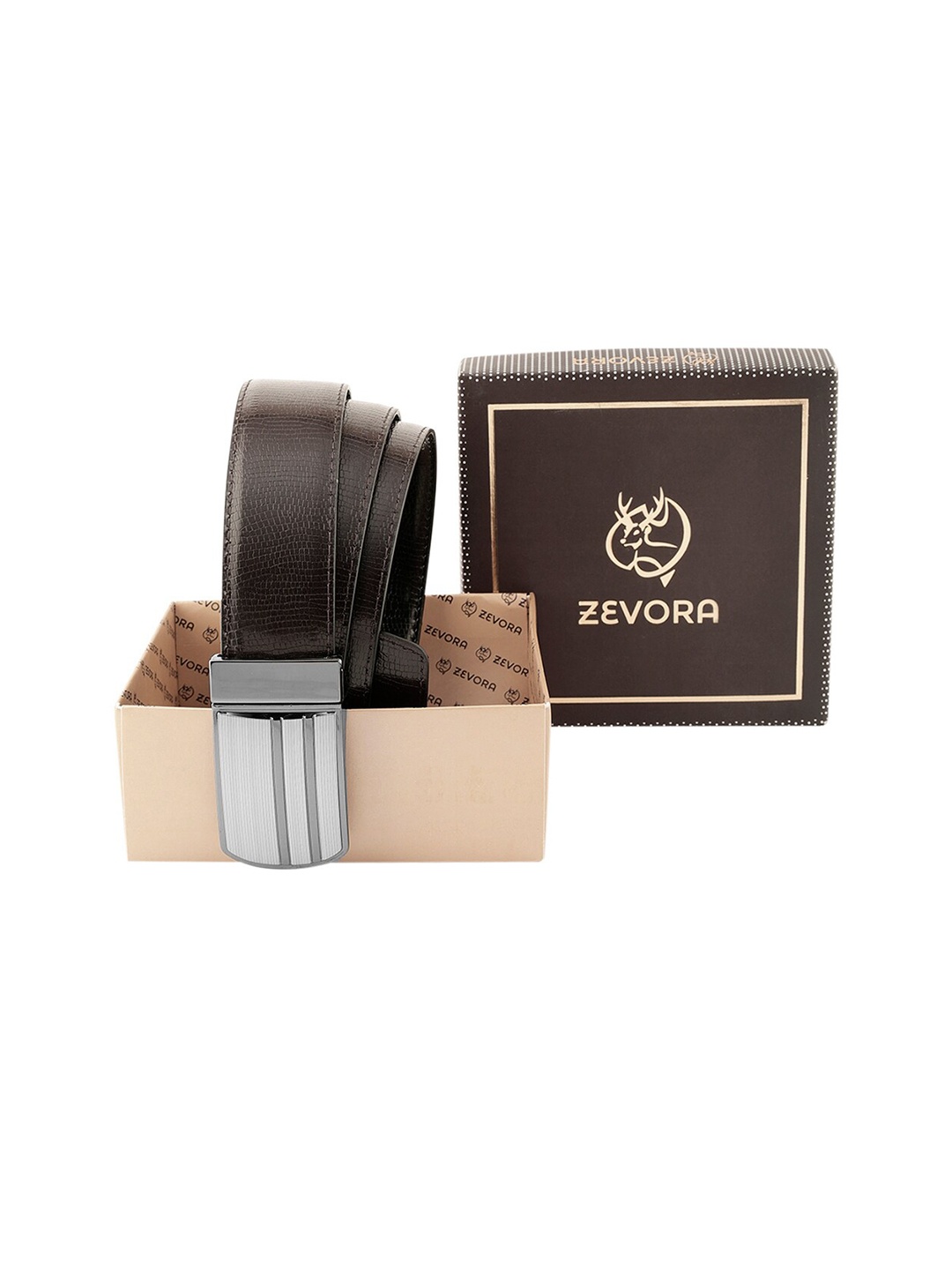 

ZEVORA Men Textured Leather Reversible Belt, Brown