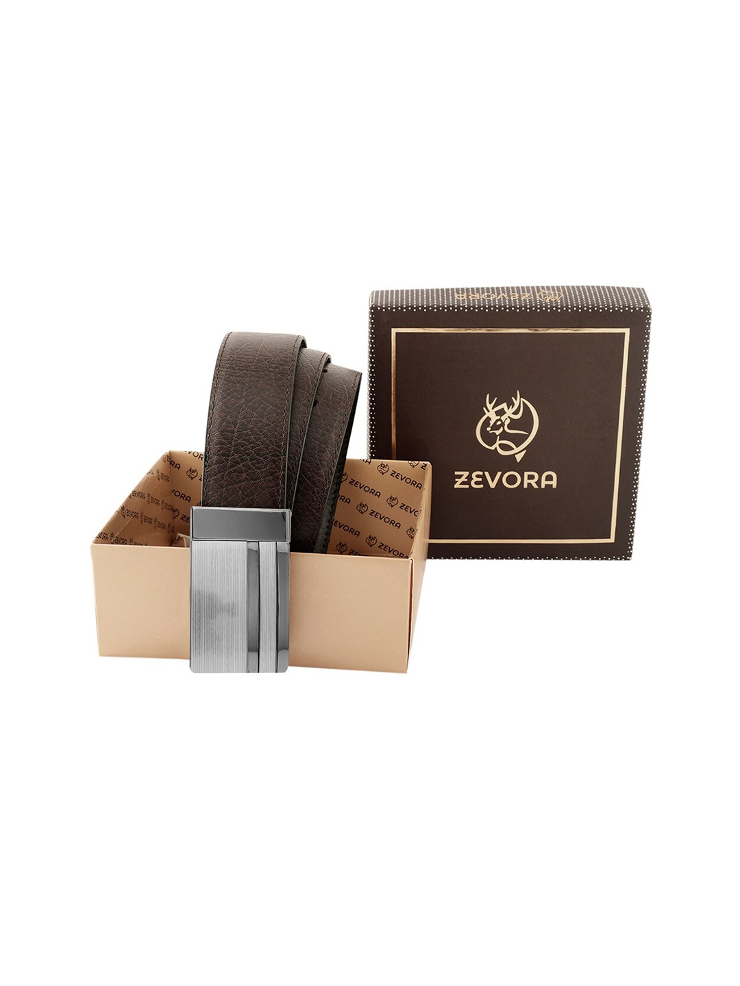 

ZEVORA Men Textured Leather Reversible Belt, Brown