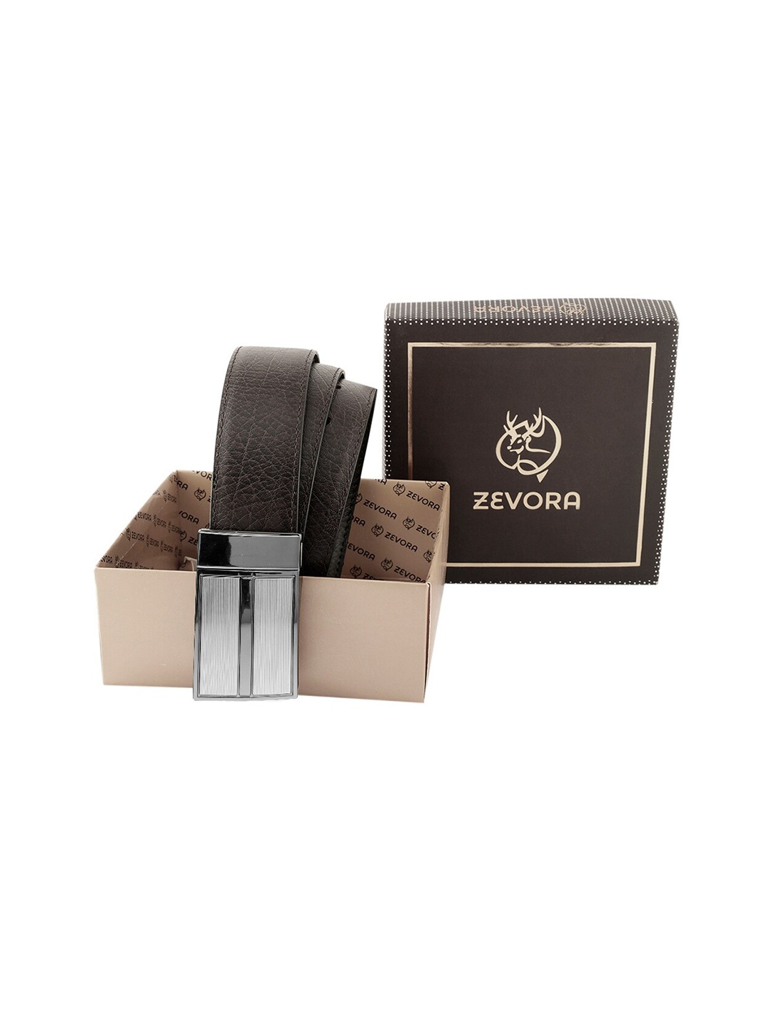 

ZEVORA Men Textured Leather Reversible Belt, Brown