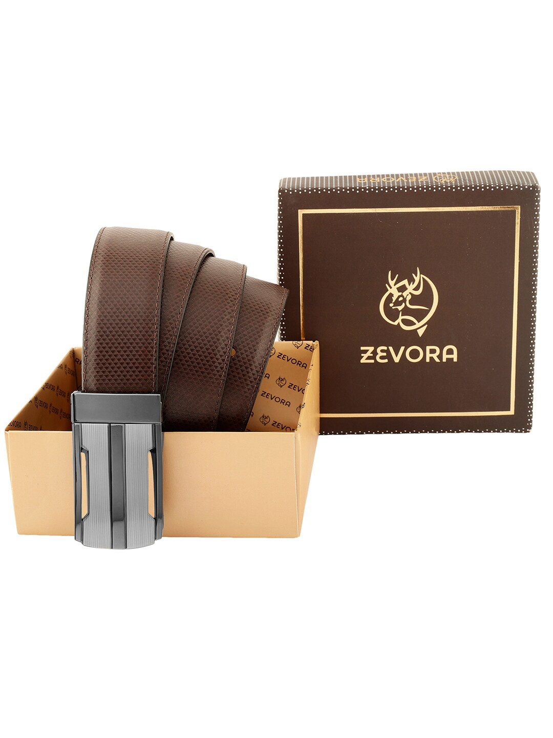 

ZEVORA Men Textured Leather Reversible Belt, Brown