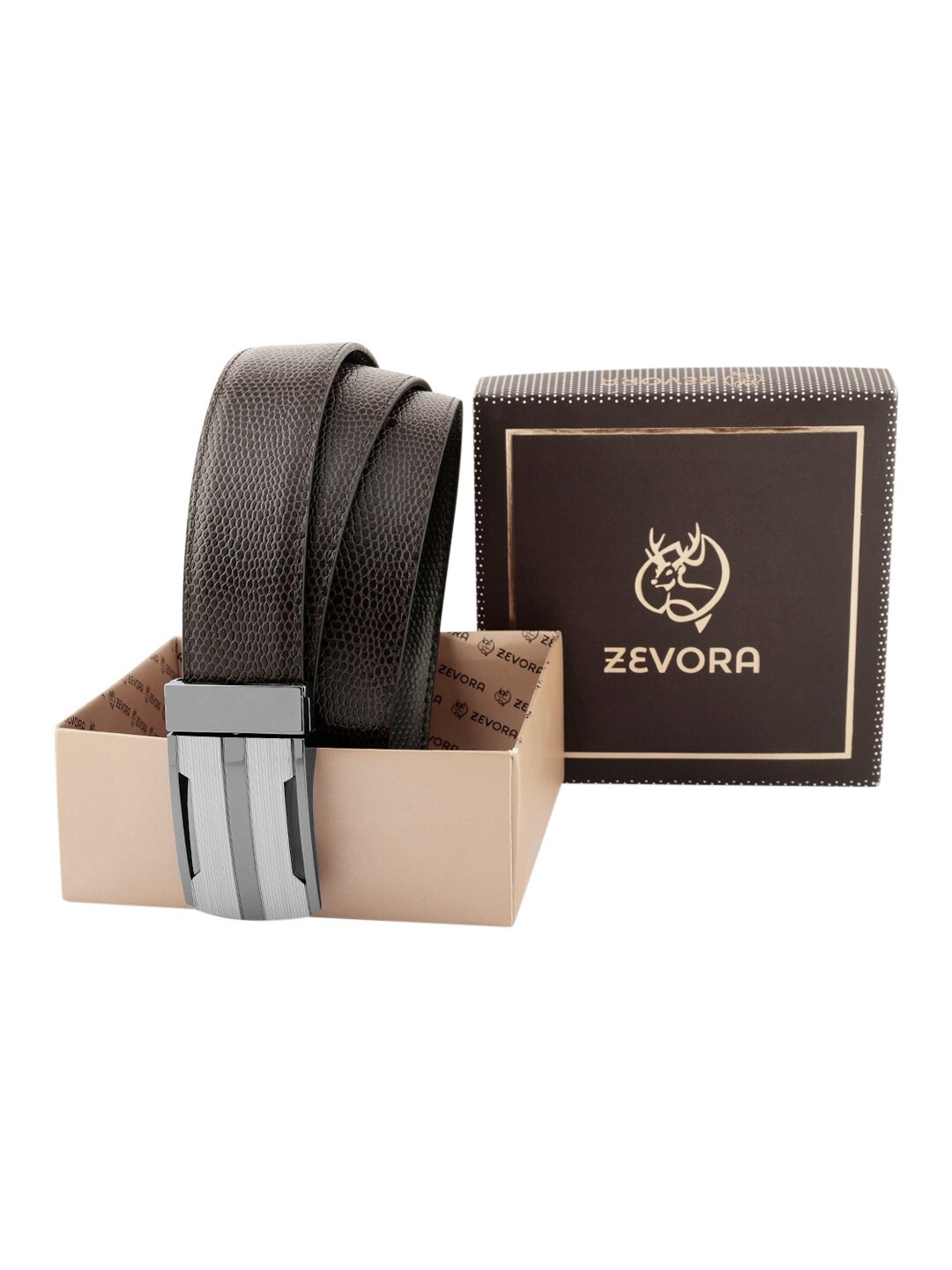 

ZEVORA Men Textured Leather Reversible Belt, Brown