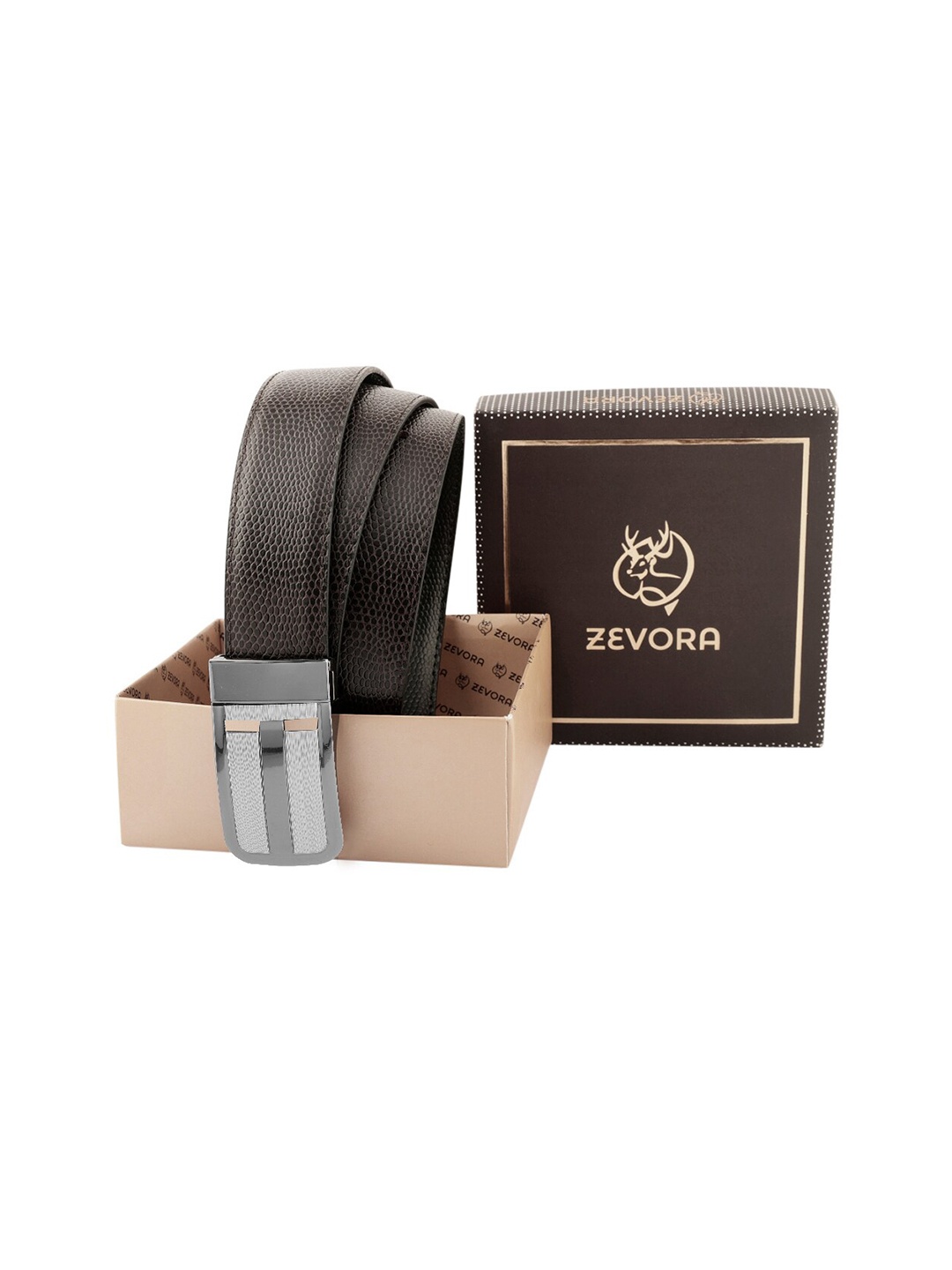 

ZEVORA Men Textured Leather Reversible Belt, Brown