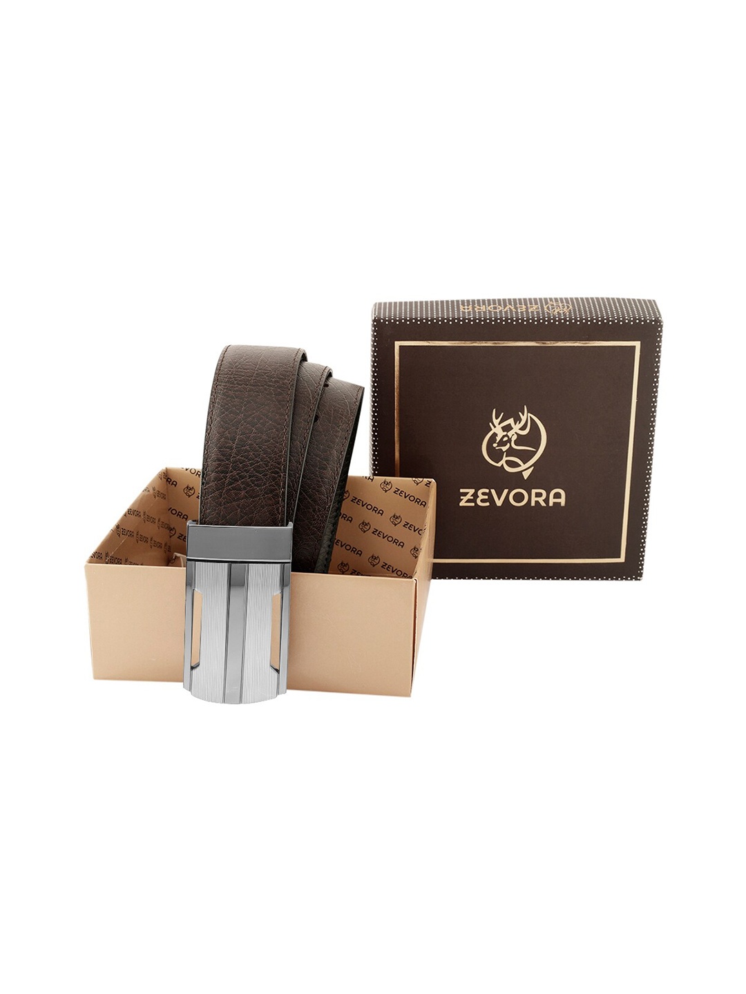 

ZEVORA Men Textured Leather Reversible Belt, Brown