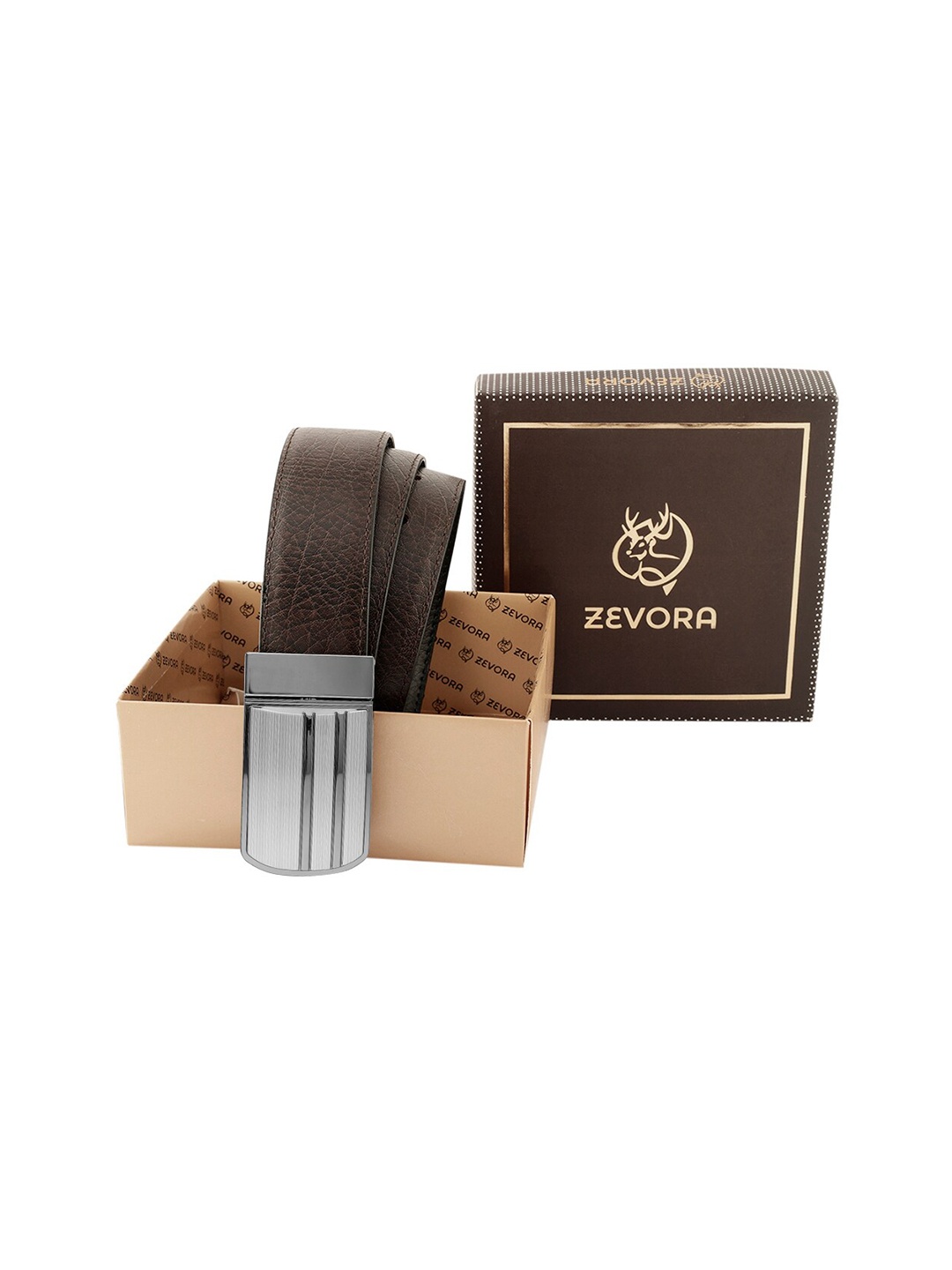 

ZEVORA Men Textured Leather Reversible Belt, Brown