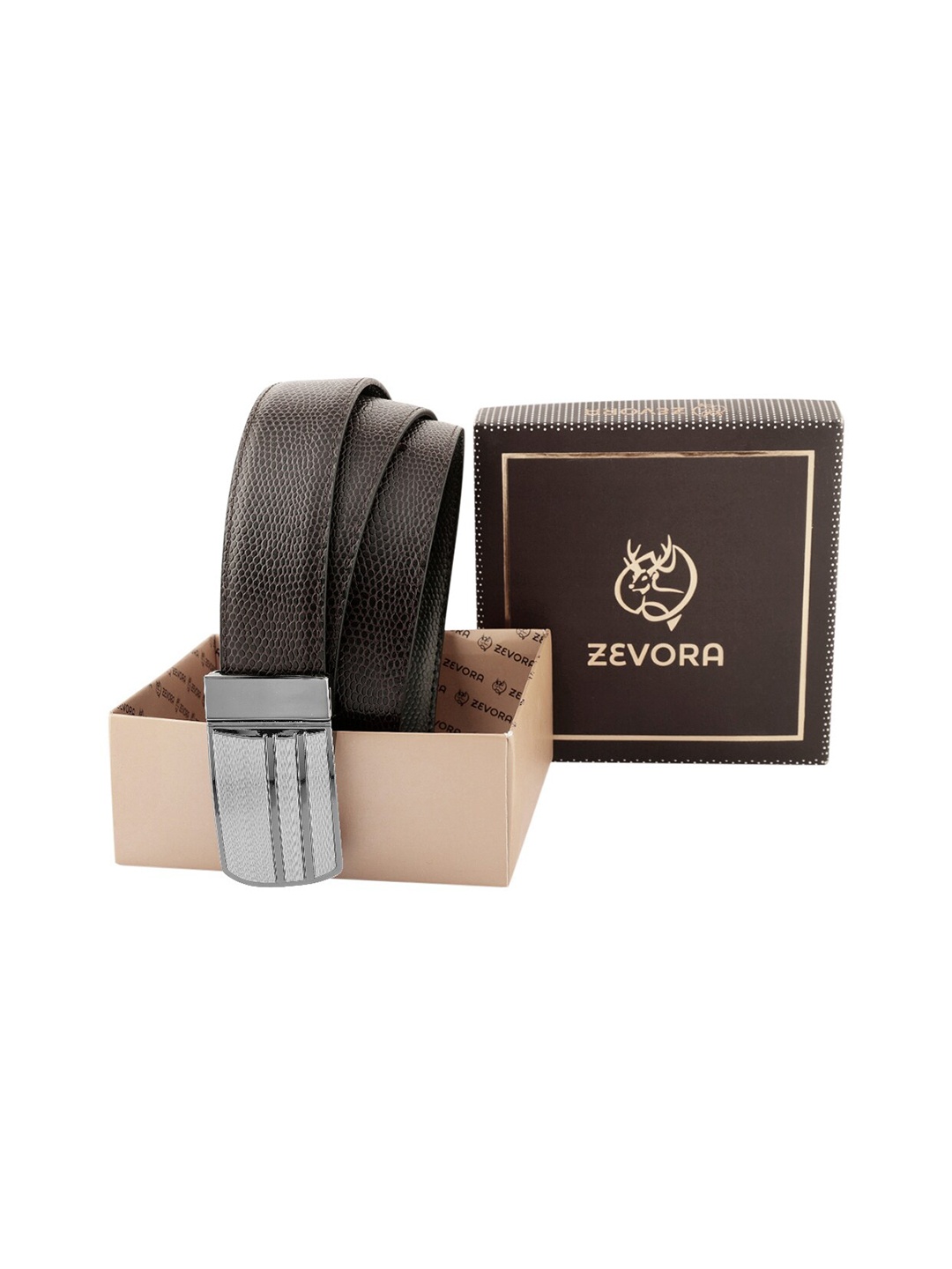 

ZEVORA Men Textured Leather Reversible Belt, Brown