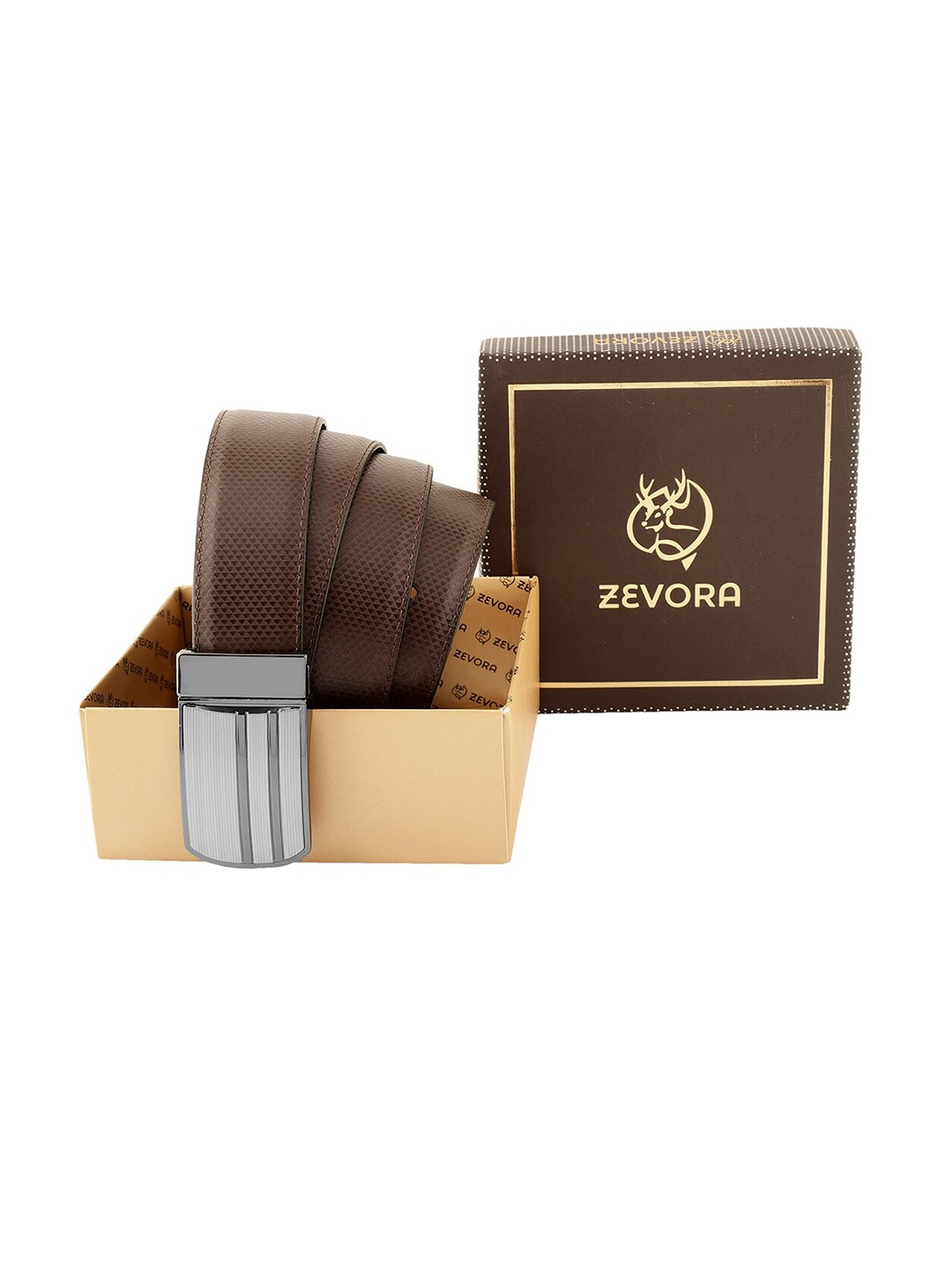 

ZEVORA Men Textured Leather Reversible Belt, Brown