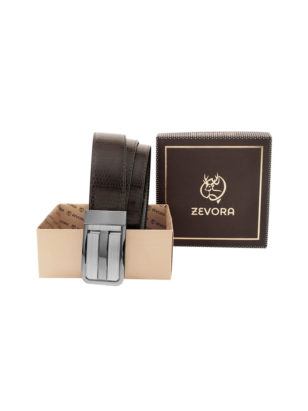 

ZEVORA Men Textured Leather Reversible Belt, Brown