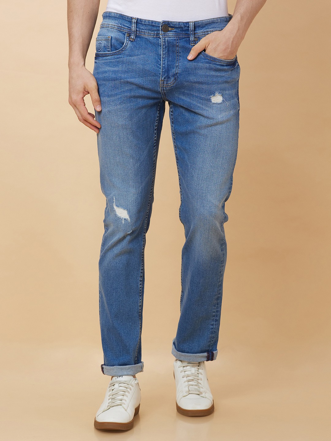 

Being Human Men Slim Straight Fit Mid Rise Mildly Distressed Light Fade Stretchable Jeans, Blue