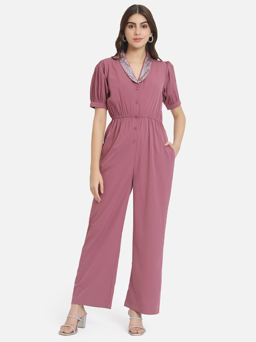 

ALL WAYS YOU V-Neck Embellished Basic Jumpsuit, Pink