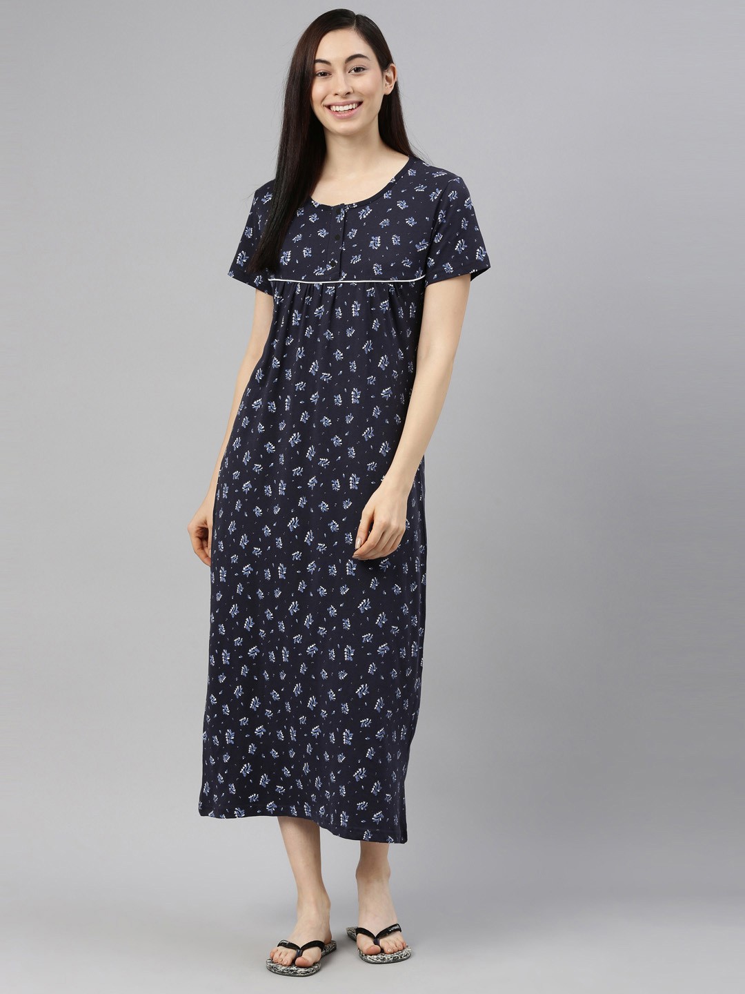

Kryptic Printed Pure Cotton Midi Nightdress, Navy blue