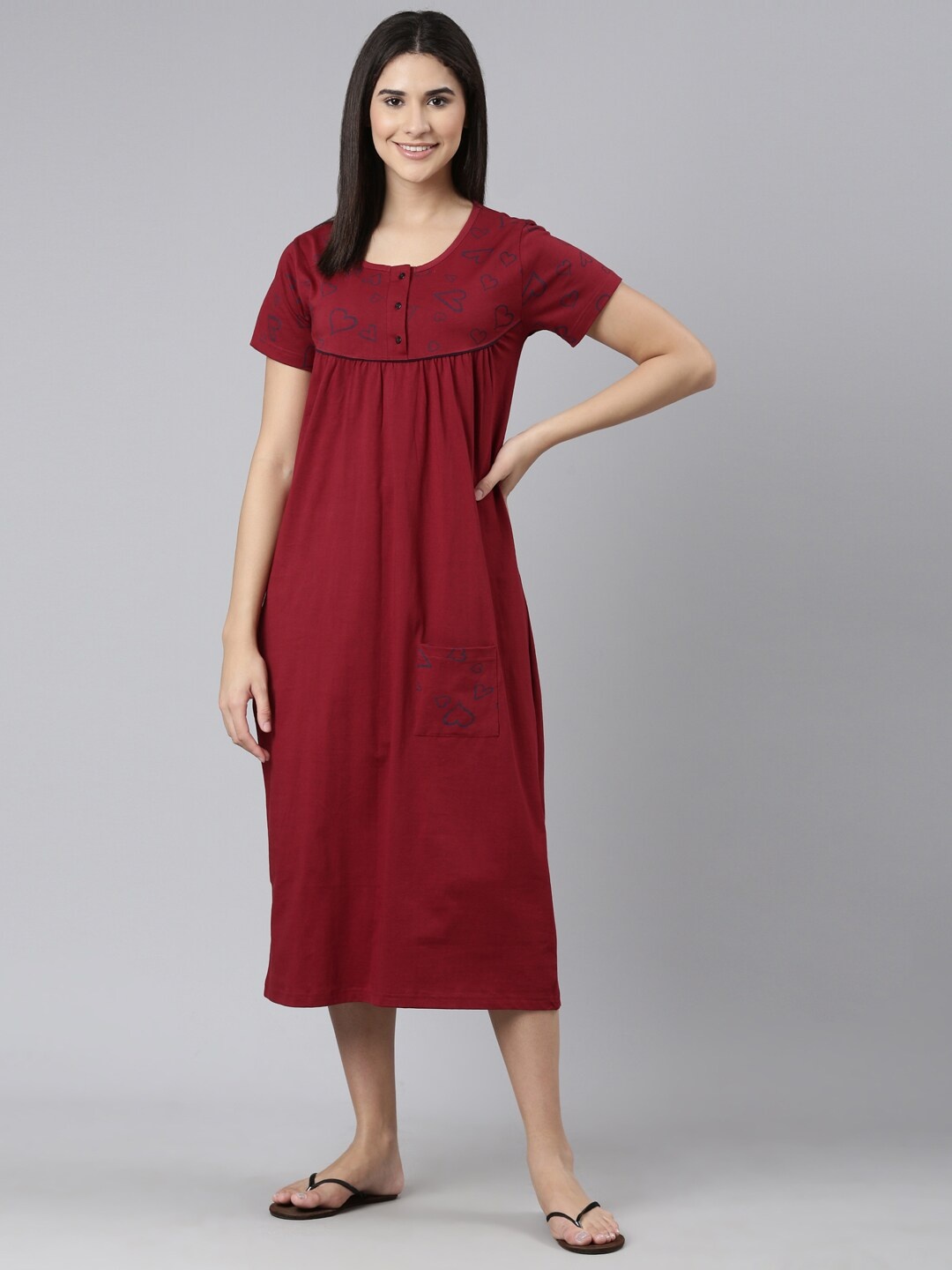 

Kryptic Printed Pure Cotton Midi Nightdress, Maroon