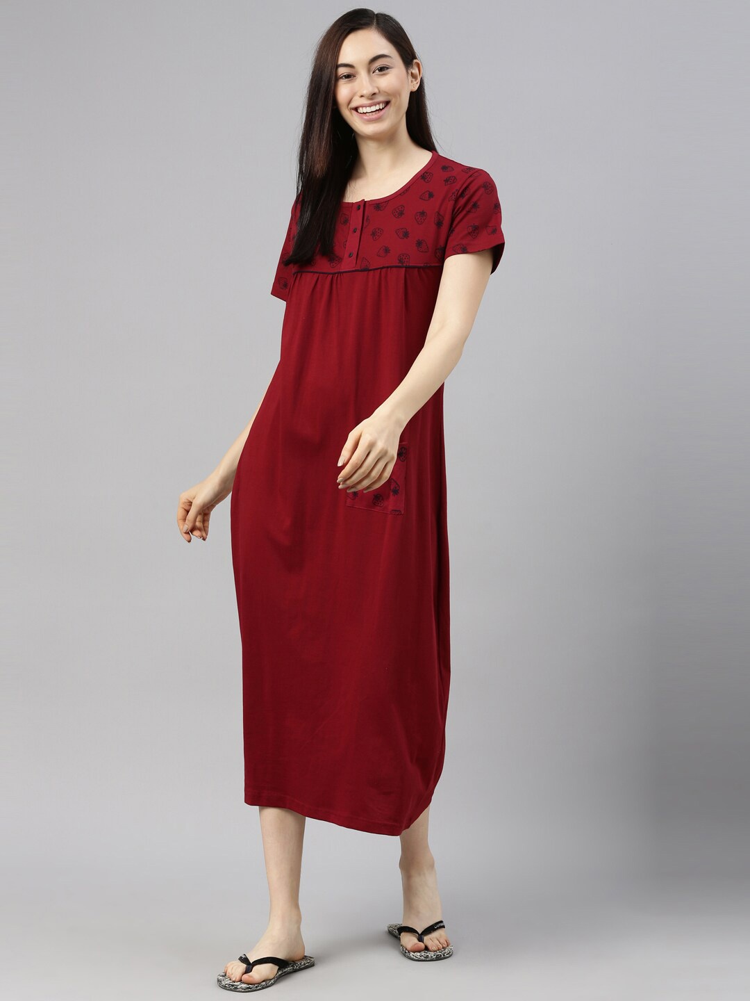 

Kryptic Conversational Printed Pure Cotton Midi Nightdress, Maroon