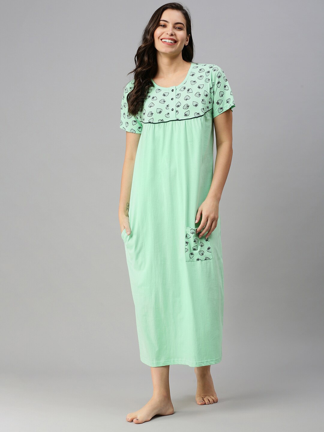 

Kryptic Printed Pure Cotton Midi Nightdress, Green