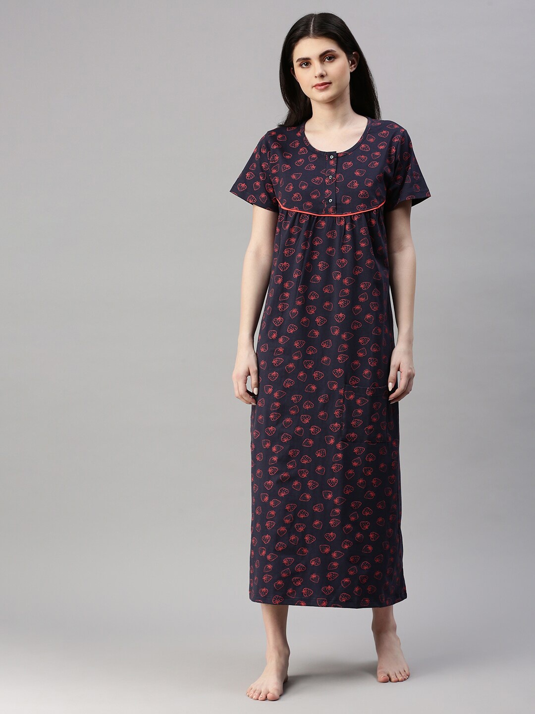 

Kryptic Printed Pure Cotton Midi Nightdress, Navy blue