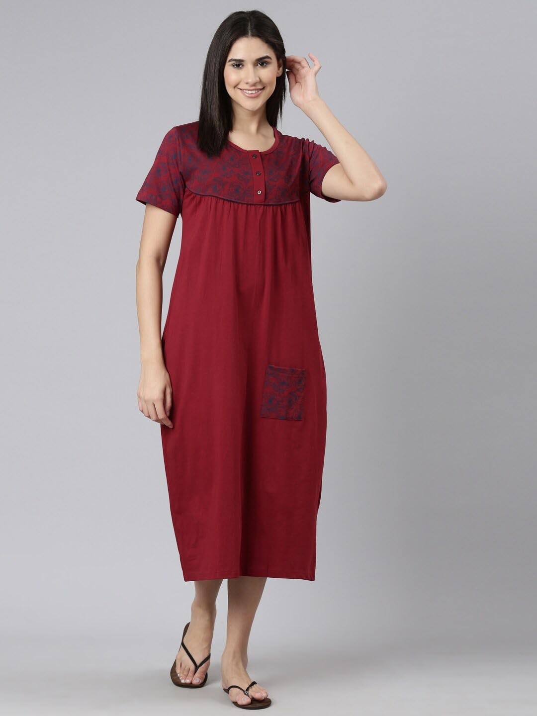 

Kryptic Printed Pure Cotton Midi Nightdress, Maroon