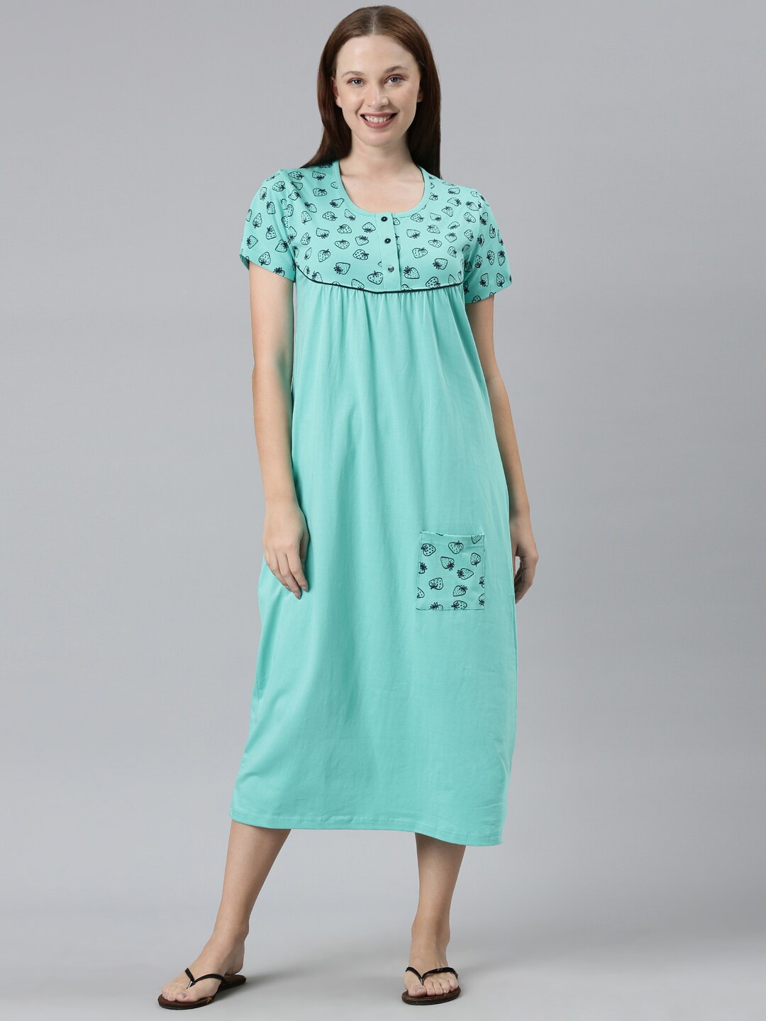 

Kryptic Printed Pure Cotton Midi Nightdress, Green