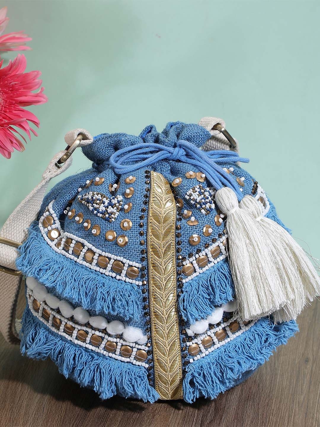 

ALII AND ALIIZEY Embellished Potli Clutch, Blue