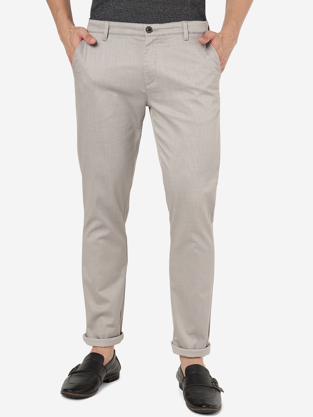 

JADE BLUE Men Textured Mid-Rise Slim Fit Cotton Casual Trousers, Grey