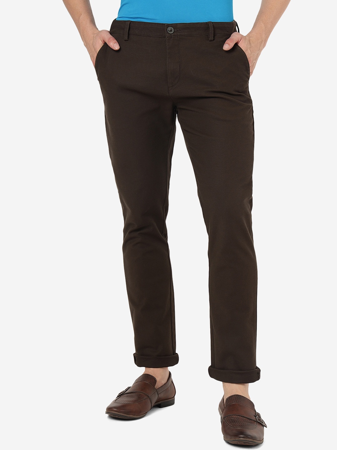 

JADE BLUE Men Mid-Rise Slim Fit Cotton Casual Trousers, Coffee brown